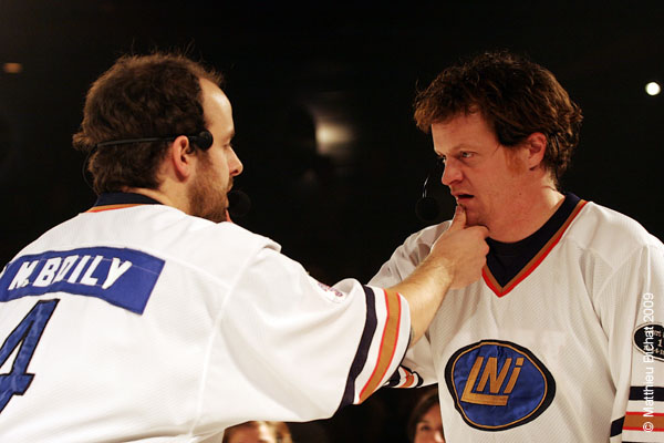 Martin Boily et Daniel Malenfant. Match regulier 2 de la saison 2009 de la LNI, opposant l equipe des Blancs a l equipe des Bleus, au Medley de Montreal, le 16 fevrier 2009.